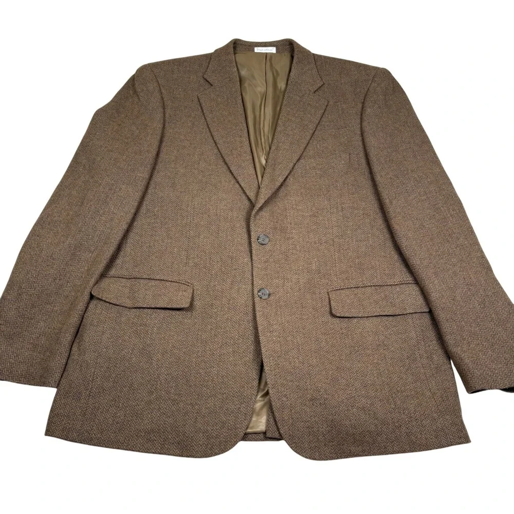 Vtg Oleg Cassini Men Blazer Brown Herringbone Tweed Wool 2 Button Sport Coat 44L